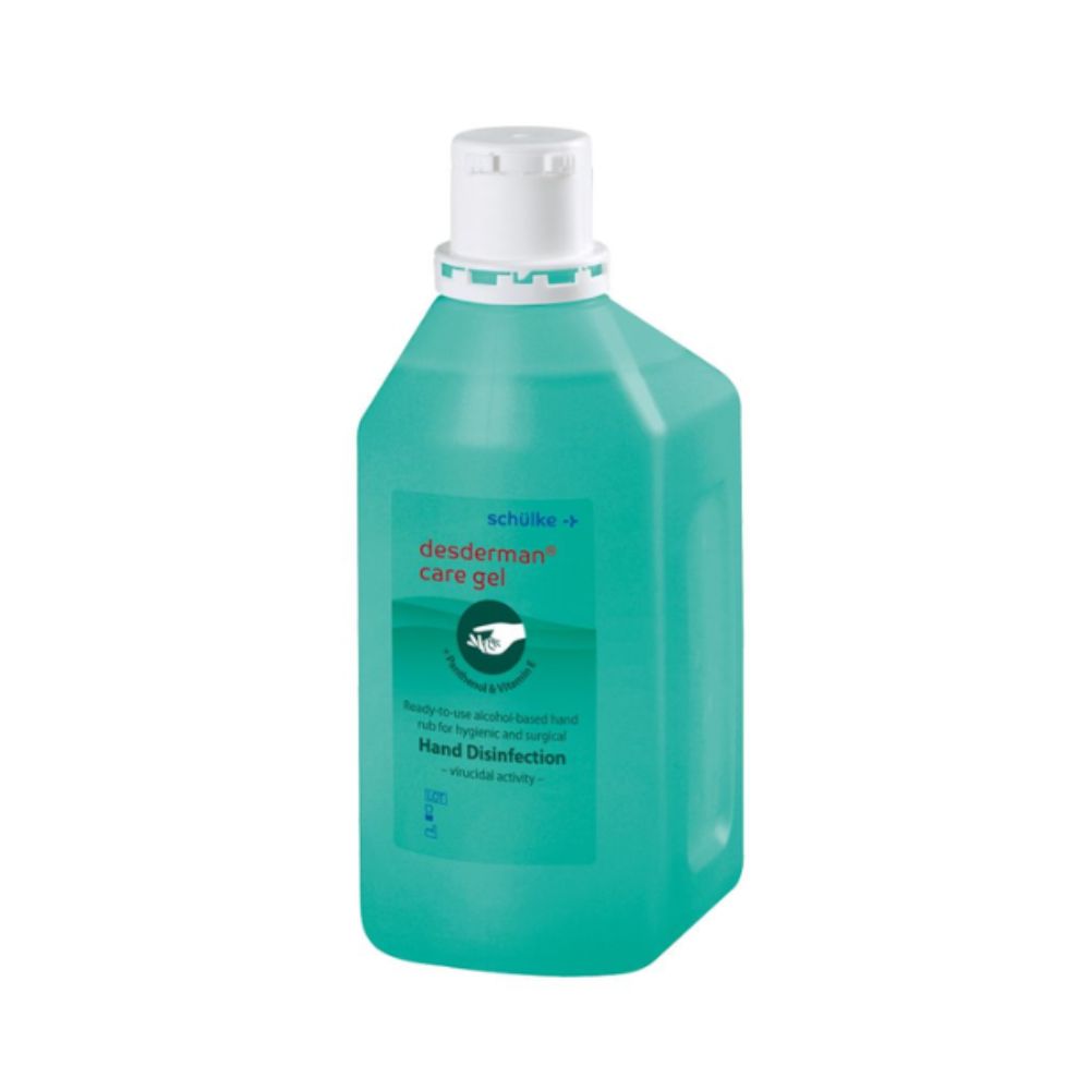 Eine grüne, rechteckige Flasche mit weißem Verschluss enthält das Schülke desderman® Pflegegel der Schülke & Mayr GmbH zur hygienischen und chirurgischen Händedesinfektion. Die Flasche ist mit Symbolen und Hinweisen zur Anwendung versehen und VAH-zertifiziert.