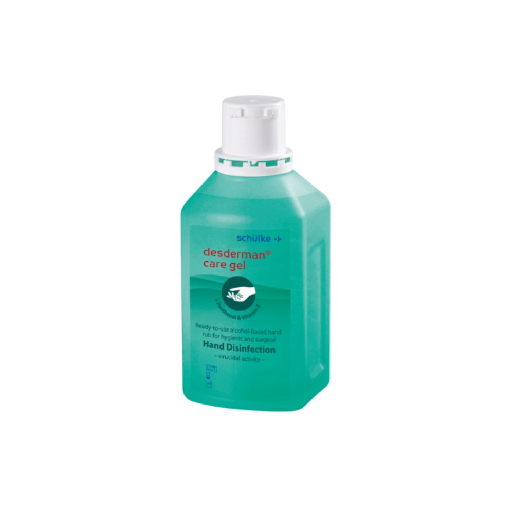 A clear 500 ml bottle of Schülke desderman® care gel from Schülke & Mayr GmbH with a green label and flip-top cap offers hygienic and surgical hand disinfection.
