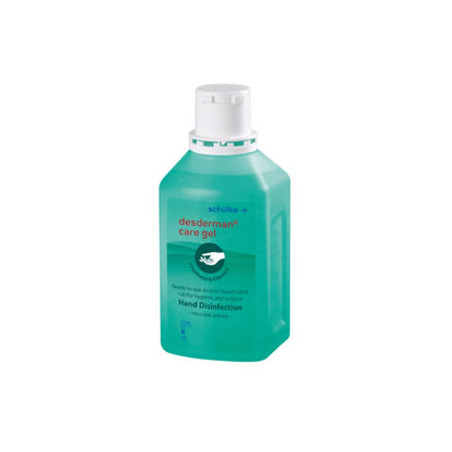 A clear 500 ml bottle of Schülke desderman® care gel from Schülke & Mayr GmbH with a green label and flip-top cap offers hygienic and surgical hand disinfection.