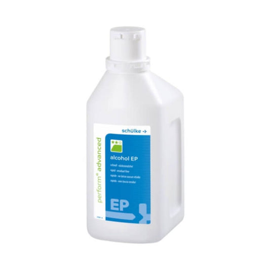 Eine weiße Kunststoffflasche mit der Aufschrift „perform classic alc IPA Flächendesinfektionsmittel“ der Schülke & Mayr GmbH, grün-blauem Text und weißem Verschluss, steht vor einem schlichten Hintergrund. Die Schnell-Desinfektionsflasche ermöglicht eine schnelle und effektive Oberflächendesinfektion.
