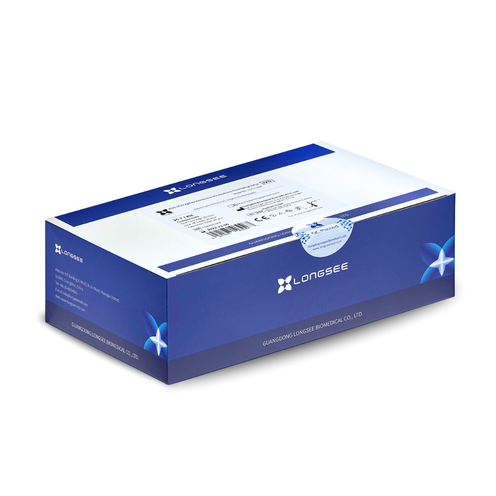 A blue and white box with prominent "LONGSEE" branding contains the Longsee 2019-nCoV Ag rapid test (25 pieces | package). The box is topped with an informative label containing product information and specifications, and additional company details are on the side.