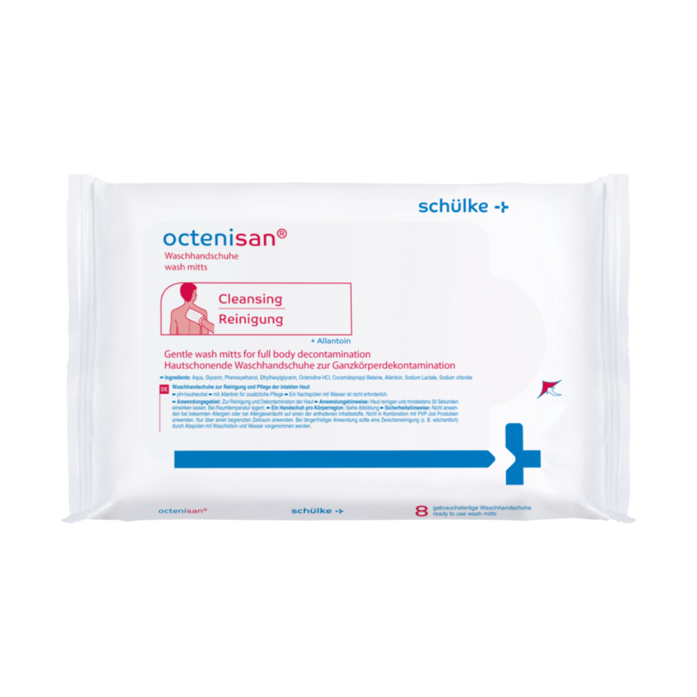 Packaging of Schülke & Mayr GmbH Octenisan® wash gloves with red-blue branding. The text highlights the product as "cleansing, gentle wash gloves for whole body washing."
