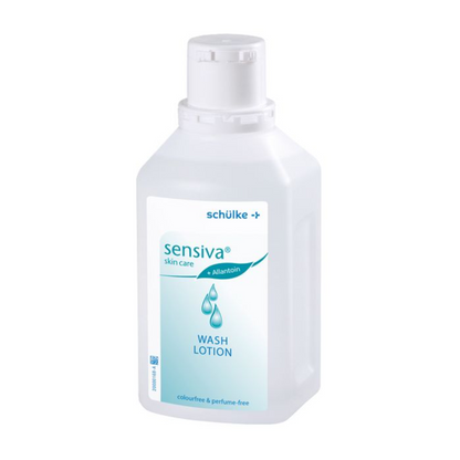 A white bottle of Sensiva® wash lotion from Schülke & Mayr GmbH with a blue-green label, highlighted by a water droplet design. The product is dye and fragrance-free.