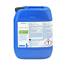 A blue plastic canister with Schülke buraton® rapid quick disinfection preparation, featuring labels with text in multiple languages and various safety symbols, including one for skin irritation, specifically developed for life.