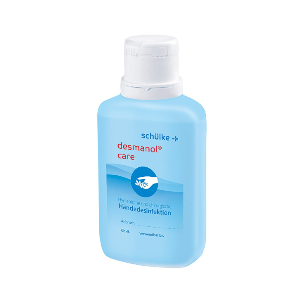 A bottle of Schülke desmanol® care hand disinfectant from Schülke & Mayr GmbH with a blue liquid and a label with product details in white and blue lettering.