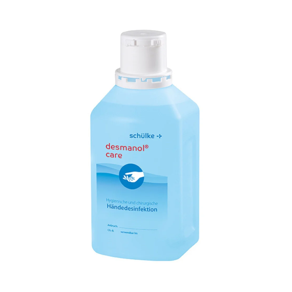 A bottle of Schülke desmanol® care hand disinfectant from Schülke & Mayr GmbH with a white cap and a label in blue and white colors, indicating product use and brand. The liquid inside appears