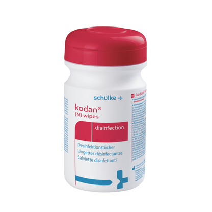 A container of Schülke kodan® (N) wipes surface disinfection from Schülke & Mayr GmbH with a red lid. The label contains multilingual text and a blue cross symbol indicating medical use.