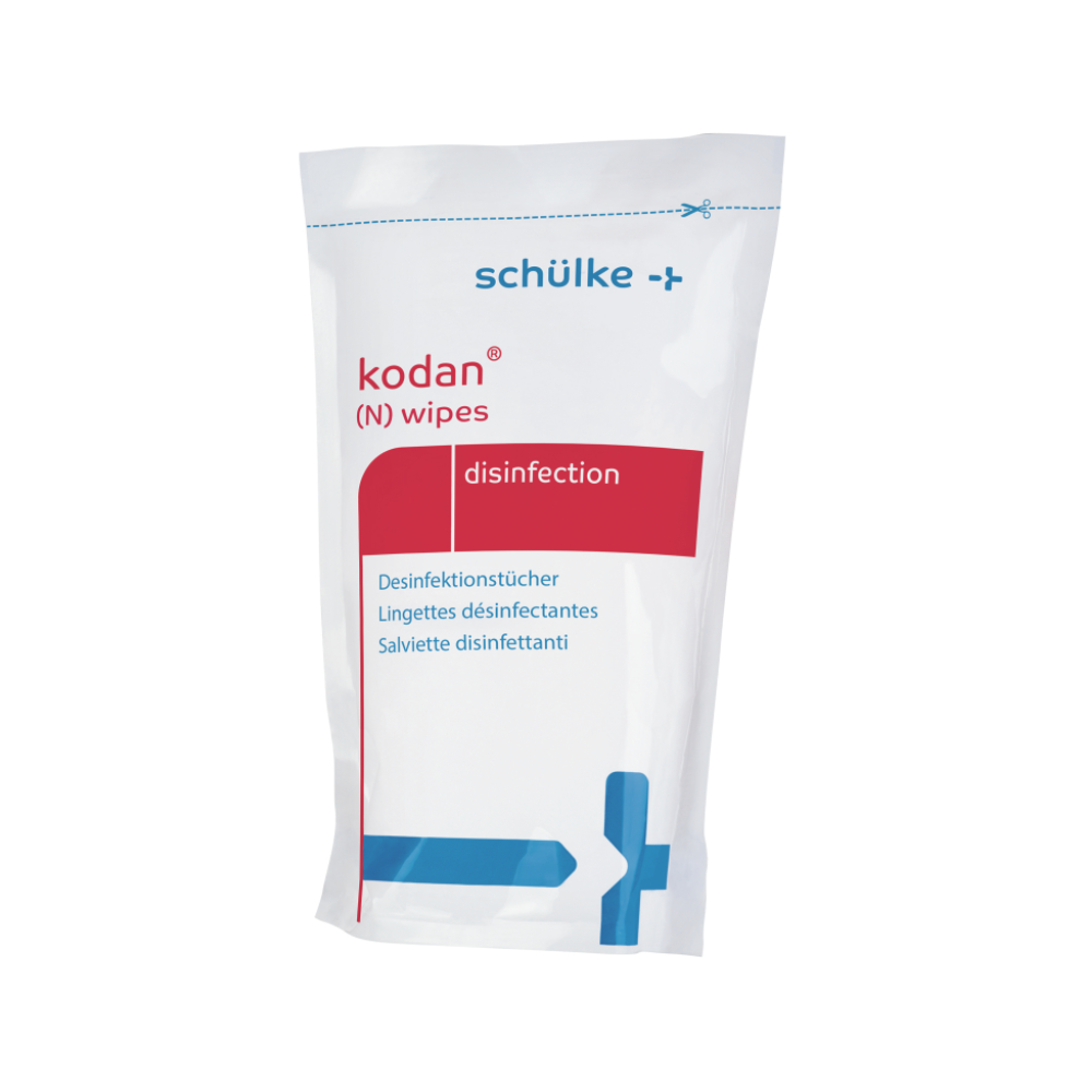 A white package of Schülke kodan® (N) wipes surface disinfection from Schülke & Mayr GmbH bears the multilingual inscription "surface disinfection" and is designed in a blue-red design with a plus sign.