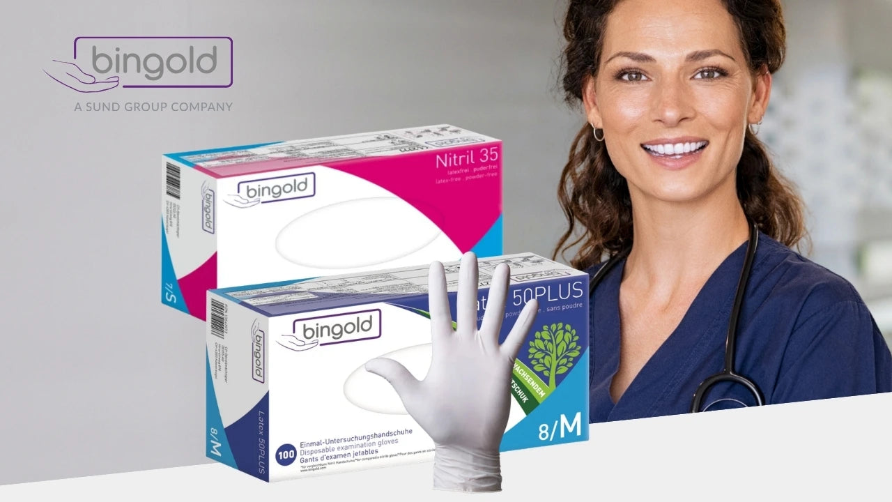 Bingold Einmalhandschuhe in verschiedenen Verpackungen vor einer lächelnden medizinischen Fachkraft mit Stethoskop.