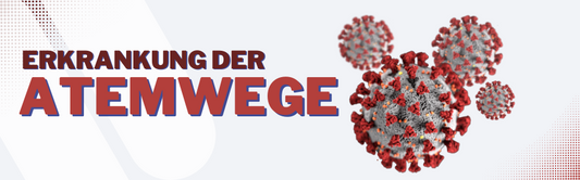 Das Bild enthält den deutschen Text „ERKRANKUNG DER ATEMWEGE“ und eine visuelle Darstellung von Coronavirus-Partikeln mit stacheligen roten und grauen Strukturen, die eine Atemwegserkrankung darstellen.