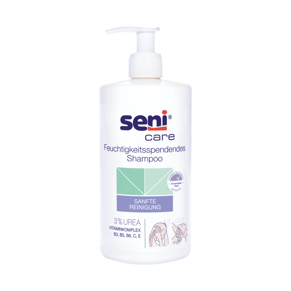 A 500 ml tube of Seni Care Shampoo from TZMO Deutschland GmbH contains 3% urea and a vitamin complex for dry and sensitive scalp, with the German text highlighted by blue, green, and purple accents.