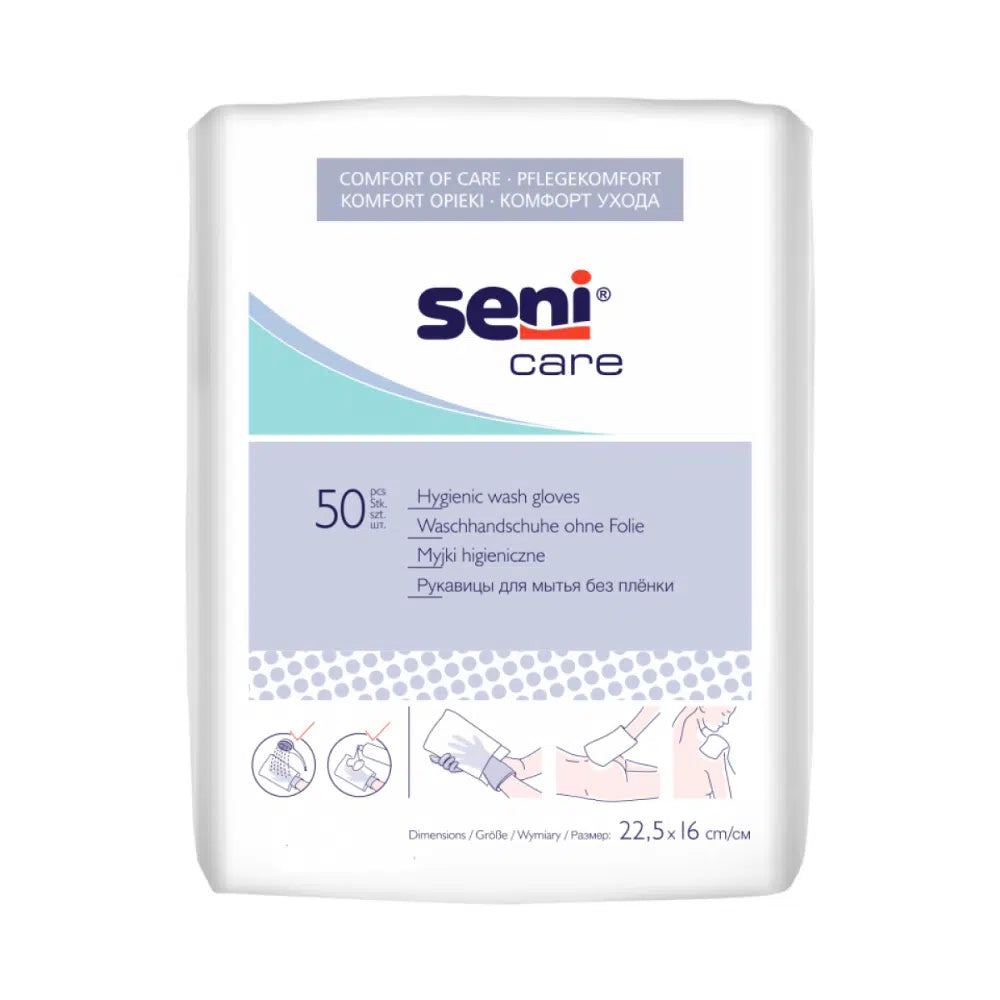 A white package of discontinued item: Seni Care wash gloves without foil from TZMO Deutschland GmbH, contains 50 disposable wash gloves (22.5 x 16 cm). The multilingual label includes illustrations for using gloves. Ideal care product.