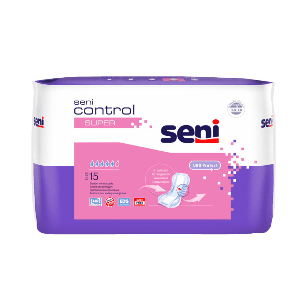 The Seni Control Super incontinence pad from TZMO Deutschland GmbH comes in a purple-white design, showing comfort and absorbency on the label with a pad illustration. The package contains 15 pieces.