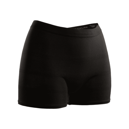 Black sports compression shorts with black fixation pants 2 pieces Seni Fix Comfort Man by TZMO Deutschland GmbH, isolated on white background, with detailed textile structure and brand logo on the waistband.