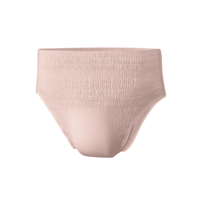 A pair of absorbent underwear Seni Lady Pants in light pink, designed by TZMO Deutschland GmbH for odor control, depicted against a white background. The fabric appears soft and textured.