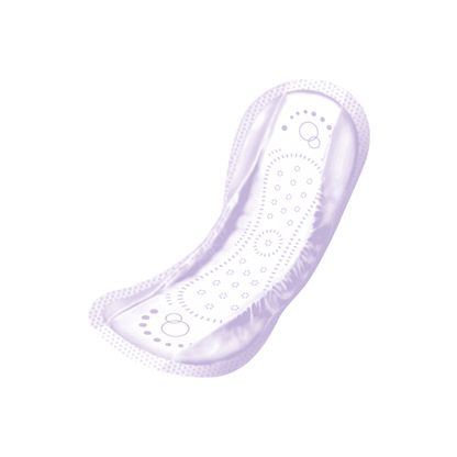 A single Seni Lady Slim Normal pad from TZMO Deutschland GmbH, depicted from above on a white background, impresses with its curved shape, decorative patterns, and odor stop for freshness. The pack contains 20 pads.