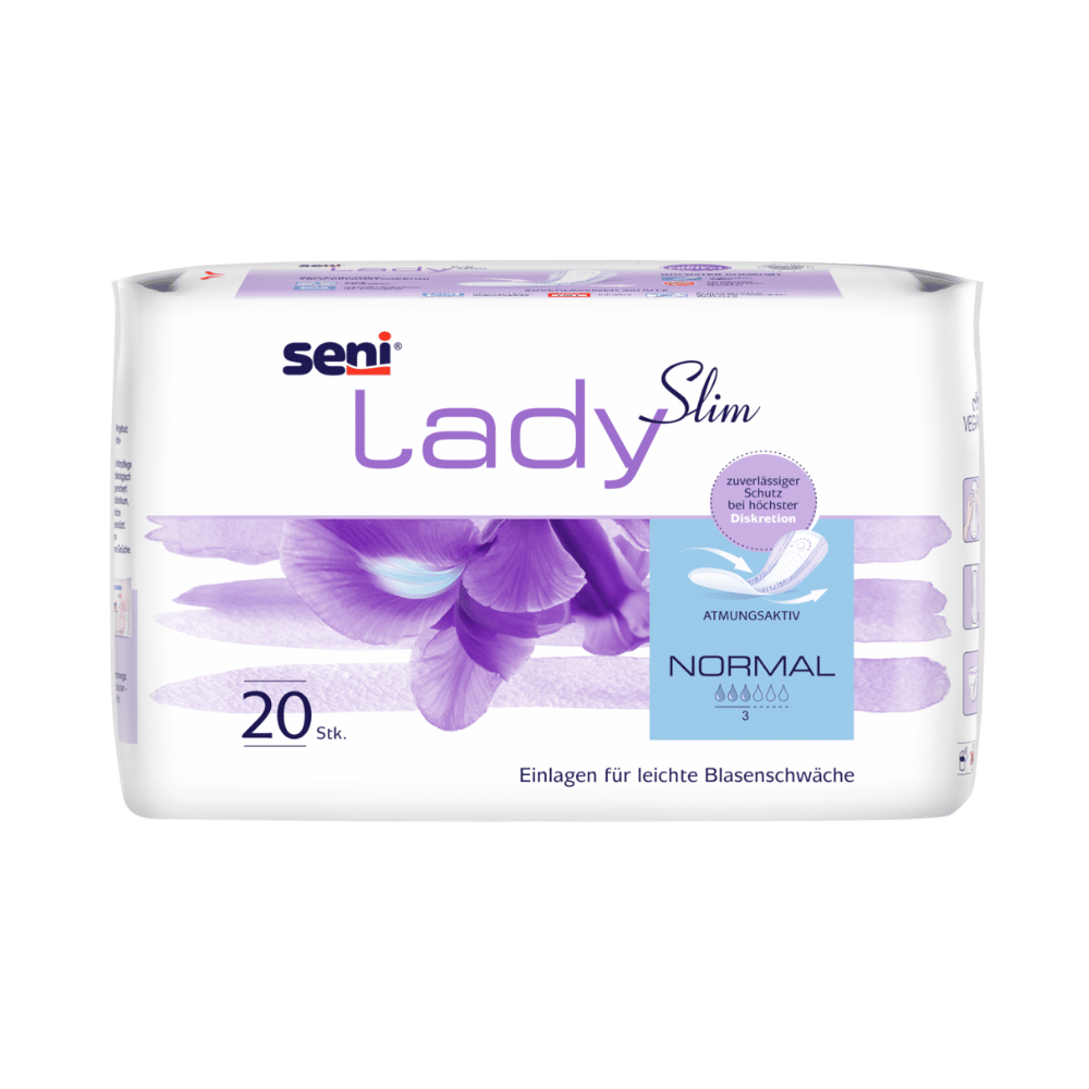 A pack of 20 Seni Lady Slim Normal pads from TZMO Deutschland GmbH is presented in a white-purple packaging with a floral motif, German product details, and odor stop for light bladder weakness.