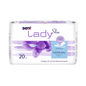 A pack of 20 Seni Lady Slim Normal pads from TZMO Deutschland GmbH is presented in a white-purple packaging with a floral motif, German product details, and odor stop for light bladder weakness.
