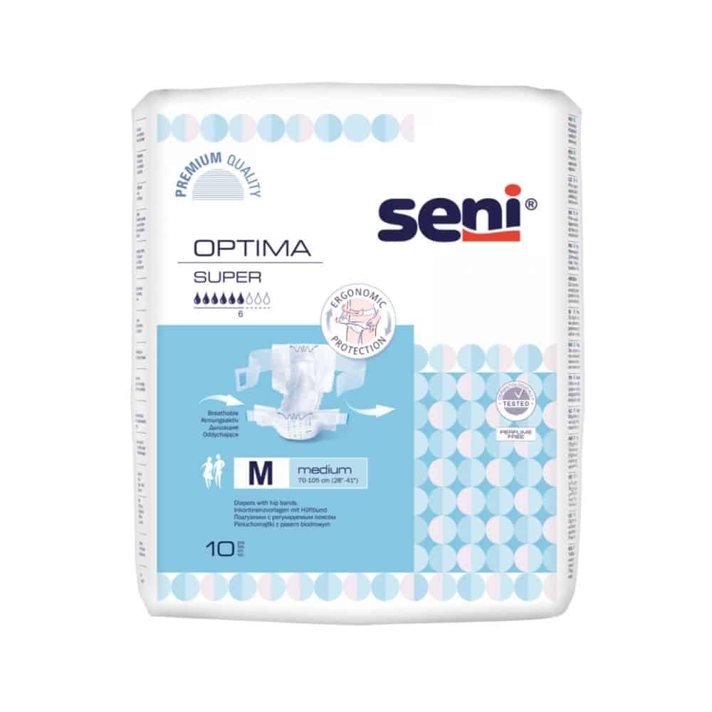 A pack of Seni Optima Super incontinence pads with a waistband from TZMO Deutschland GmbH, size M, 10 pieces. The white pack is accented with blue and shows symbols for absorbency and ergonomic protection.