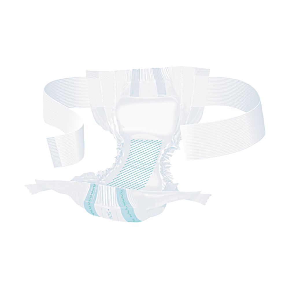 The Seni Optima Super incontinence pads with a waistband from TZMO Deutschland GmbH are an adult disposable diaper with elastic side panels, adhesive tabs, and contoured padding, depicted open and flat on a white background.