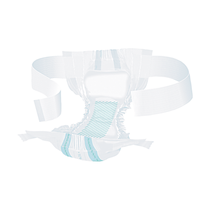 The Seni Optima Super incontinence pads with a waistband from TZMO Deutschland GmbH are an adult disposable diaper with elastic side panels, adhesive tabs, and contoured padding, depicted open and flat on a white background.