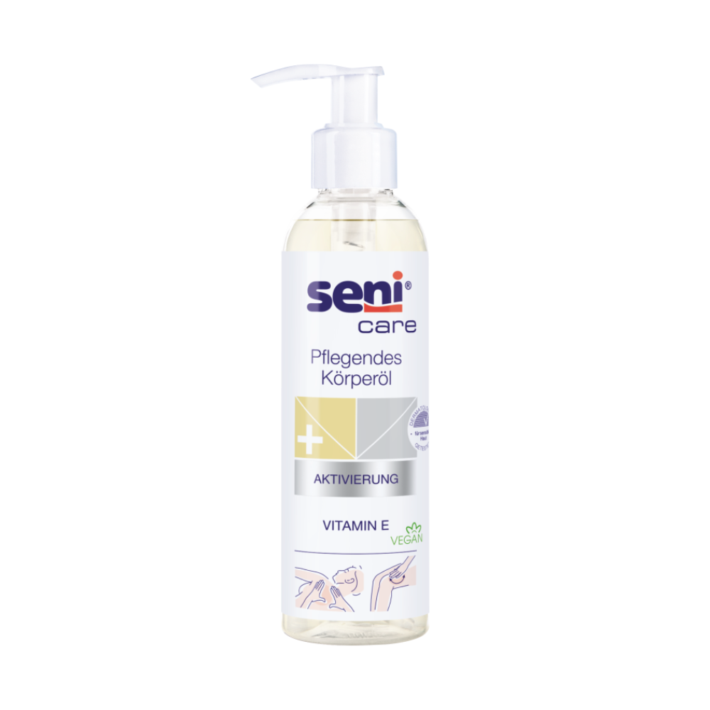 A 200-ml bottle of Seni Care Nourishing Body Oil from TZMO Deutschland GmbH with a pump dispenser and German label with a “+” symbol bears the inscription “Activation” and “Vitamin E”. This vegan-friendly oil is perfect for sensitive skin and provides essential moisture with its clear, liquid formula.