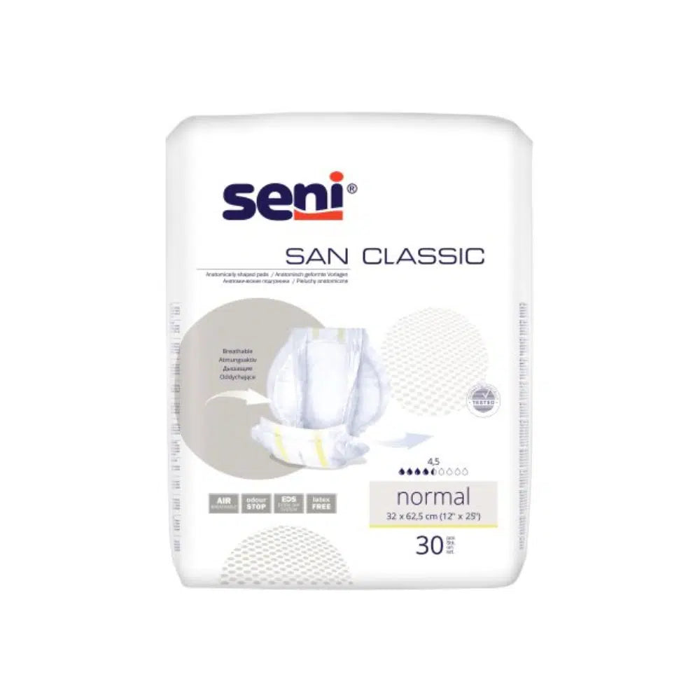 A pack of San Seni Classic Normal incontinence pads from TZMO Deutschland GmbH contains 30 pads, has white packaging with blue-grey writing, is ideal for bladder weakness, and shows an illustration of the pad design.