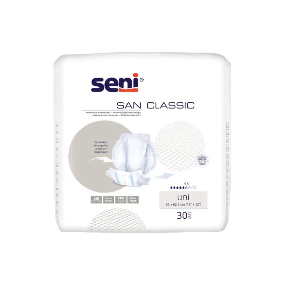 The image shows a pack of San Seni Classic Uni incontinence pads from TZMO Deutschland GmbH. The pack is mainly white with blue and beige accents and contains text with information on absorbency and size. For additional wearing comfort, there are 30 pads included in the pack.