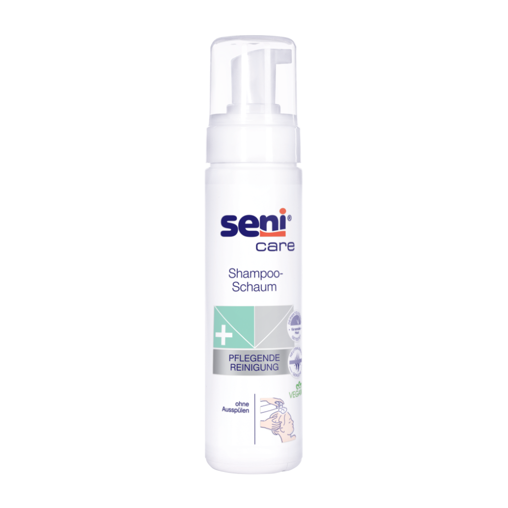 The Seni Care Shampoo Foam 200 ml from TZMO Deutschland GmbH is available in a tall white bottle with a pump dispenser and blue and green text. It is ideal for “gentle cleansing” and “hair washing without water” and contains vegan and care symbols for easy recognition.