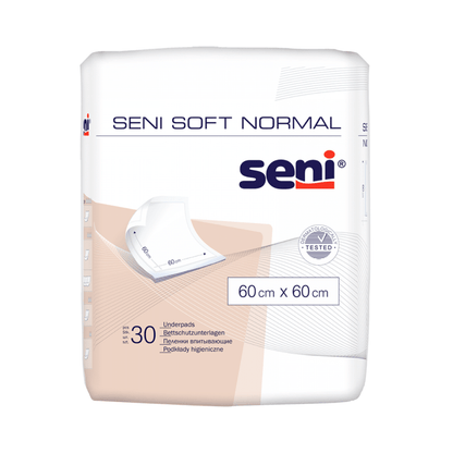 Eine Packung mit 30 Seni Soft Normal Bettschutzunterlagen (60 x 60 cm) von TZMO Deutschland GmbH wird in einer weißen Verpackung mit blauem und orangefarbenem Text und einer Unterunterlagenillustration geliefert und bietet zuverlässigen Schutz.