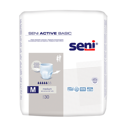 Eine 30er-Packung Seni Active Basic Inkontinenzhosen in den Größen M-XL der TZMO Deutschland GmbH. Die überwiegend weiße Packung enthält blauen und grauen Text, ein Windelbild und Produktinformationen. Geeignet für Taillenumfänge von 60–110 cm.