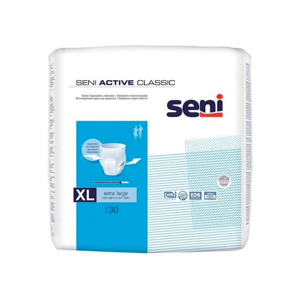 A 30-pack of Seni Active Classic Pants incontinence pants from TZMO Deutschland GmbH in XL for bladder weakness. The white packaging is adorned with blue-black text, branding, and product information and offers optimal wearing comfort.