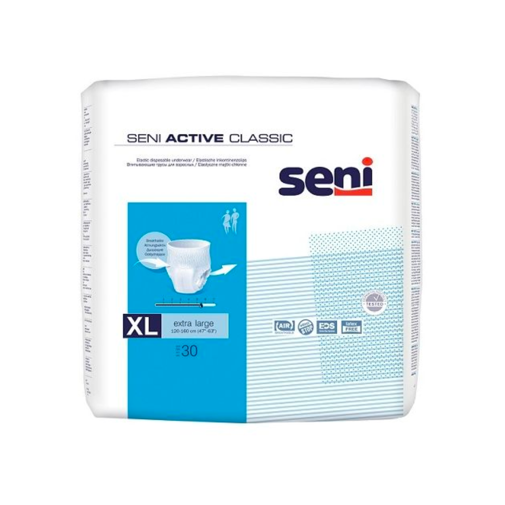 Eine Packung Seni Active Classic Pants Inkontinenzhosen in der Größe XL. Die von der TZMO Deutschland GmbH angebotene Packung ist hauptsächlich weiß mit blauen Akzenten und enthält Produktinformationen, darunter Größe, Saugstärke und eine Grafik, die Passform und Design des Produkts für Menschen mit Blasenschwäche zeigt. Darin befinden sich 30 Stück.