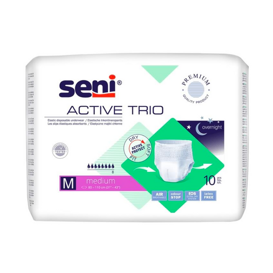 Das Bild zeigt eine Packung Seni Active Trio Inkontinenzhosen - 10 Stück von TZMO Deutschland GmbH in mittlerer Größe. Die Packung enthält Informationen wie Premiumqualität, Unisex-Design und eine Menge von 10 Windeln. Es zeigt Symbole für die Verwendung über Nacht, Luftstrom, Geruchsstopp und Nässeindikator, um Menschen mit Blasenschwäche zu helfen.