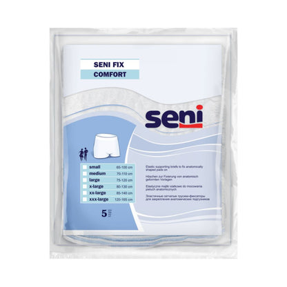 The white and blue packaging of the elastic fixing pants "Seni Fix Comfort" by TZMO Deutschland GmbH shows size options from Small to XXX-Large with the corresponding waist measurements in centimeters, thus emphasizing the comfort and support of these high-quality incontinence products.