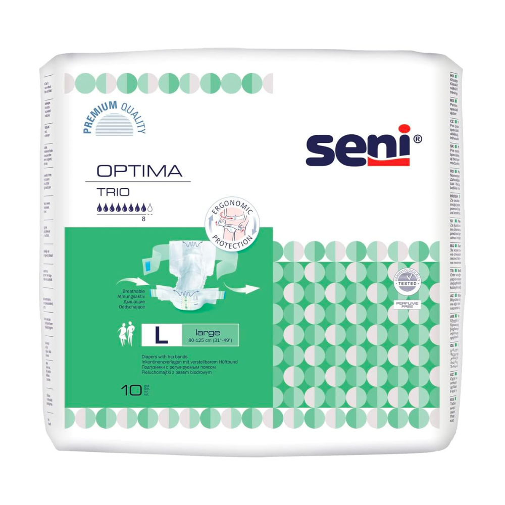 A pack of Seni Optima Trio incontinence pads with hip belt from TZMO Deutschland GmbH, size L, with 10 pieces, featuring the text “Premium quality” and diagrams illustrating the application. The packaging is white with green accents and geometric patterns.