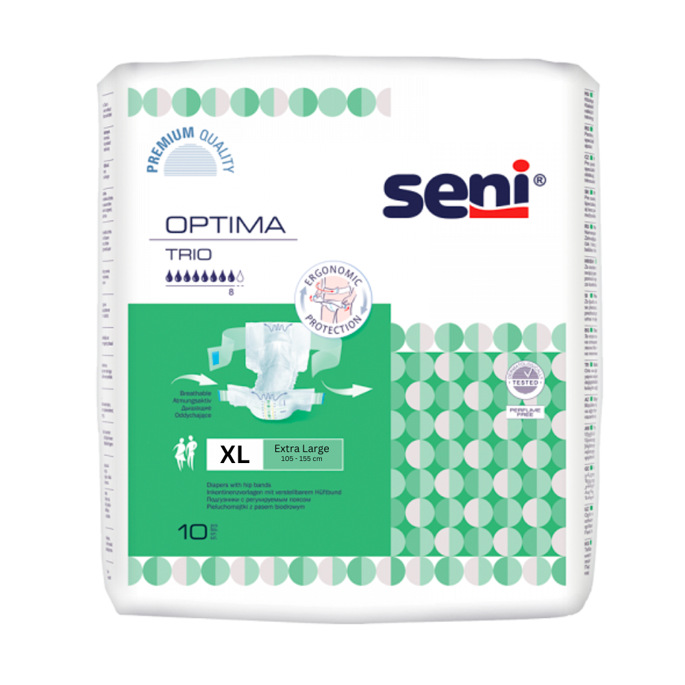 A pack of adult diapers Seni Optima Trio incontinence pads with hip belt - 10 pieces from TZMO Deutschland GmbH with a light green label showing an ergonomic protection design. The pack contains 10 diapers and features high-quality branding.