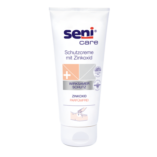 Eine Tube Seni Schutzcreme mit Zinkoxid - 200 ml, beschriftet in deutscher Sprache, mit Symbolen für dermatologische Zulassung und Parabenfreiheit, auf weißem Hintergrund. Marke: TZMO Deutschland GmbH