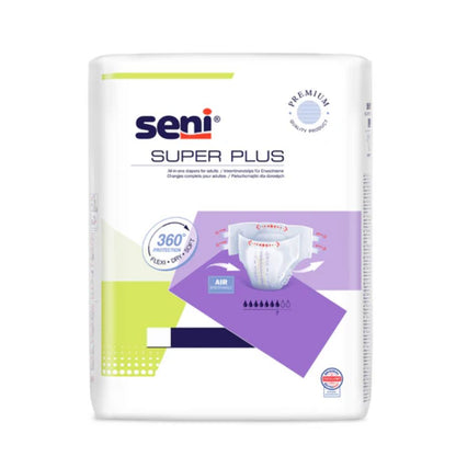 The image shows a pack of Seni Super Plus breathable incontinence pants from TZMO Deutschland GmbH, known for their comfort. The white packaging with purple and green accents highlights “360° protection” and an absorbency indicator.