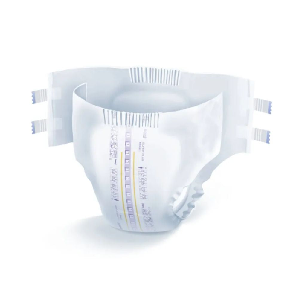 Pictured are the Seni Super Plus breathable incontinence pants from TZMO Deutschland GmbH. They are characterized by a white exterior with adjustable adhesive straps and a multicolored wetness indicator, providing excellent protection. The diaper stands upright on a plain white background, emphasizing its reliable design.