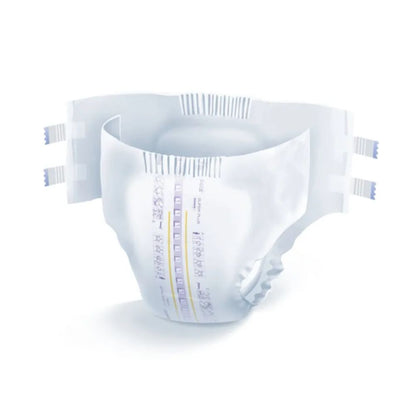 Pictured are the Seni Super Plus breathable incontinence pants from TZMO Deutschland GmbH. They are characterized by a white exterior with adjustable adhesive straps and a multicolored wetness indicator, providing excellent protection. The diaper stands upright on a plain white background, emphasizing its reliable design.