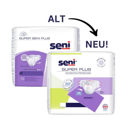 Pictured are two packs of Seni diapers: The left one is “Super Seni Plus” with a purple design and the label “OLD,” while the right one, labeled “NEW!,” has been updated as “Seni Super Plus breathable incontinence pants” from TZMO Deutschland GmbH and features a double adhesive velcro closure and advanced superabsorbent technology.