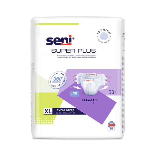 Die Seni Super Plus Atmungsaktive Inkontinenzhosen der TZMO Deutschland GmbH in der Größe XL mit 360°-Schutz werden im 30er-Pack geliefert. Die Verpackung verfügt über ein Produktdiagramm, ein Qualitätssiegel sowie violette und grüne Akzente für Zuverlässigkeit.