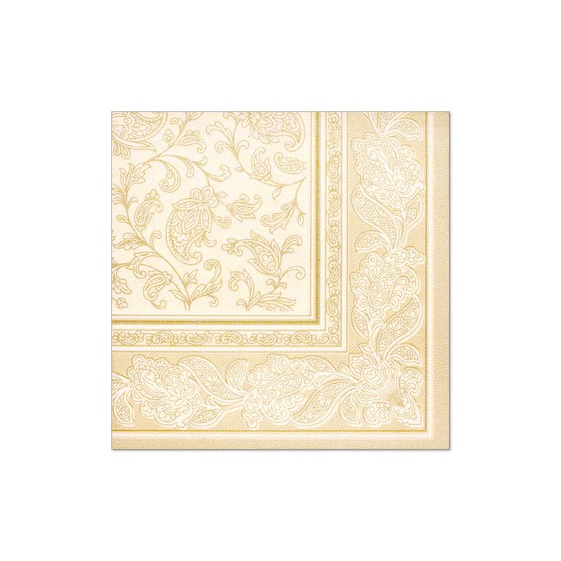 Die Servietten 1/4-Falz „Ornaments“ der PAPSTAR GmbH „ROYAL Collection“ sind 40 cm x 40 cm groß und bestechen durch ein raffiniertes goldenes Blumenmuster auf beigem Hintergrund. Sie sind mit eleganten Wirbel- und Paisley-Motiven entlang der Bordüre versehen und eignen sich daher ideal für eine elegante Tischdekoration.