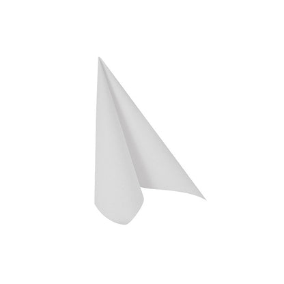 A single white paper napkin, partially folded with an upturned edge, against a simple white background, resembles an elegant piece from the PAPSTAR "ROYAL Collection" napkins of PAPSTAR GmbH.