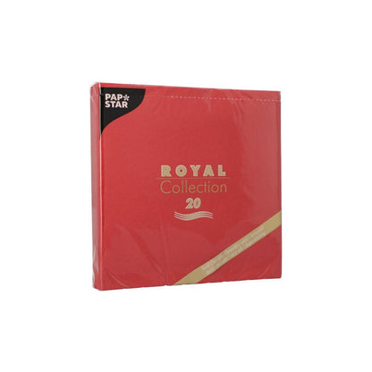 A red package of napkins 1/4-fold 40 cm x 40 cm from PAPSTAR GmbH "ROYAL Collection". The packaging features gold-white text and a small black corner label. These napkins are ideal for any table decoration and add elegance to your ambiance.