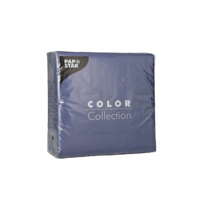 A sealed pack of PAPSTAR 100 napkins, 1-ply 1/4-fold 33 x 33 cm from PAPSTAR GmbH in blue, depicted upright against a white background. On the front of the packaging are the FSC-certified label and the brand name.