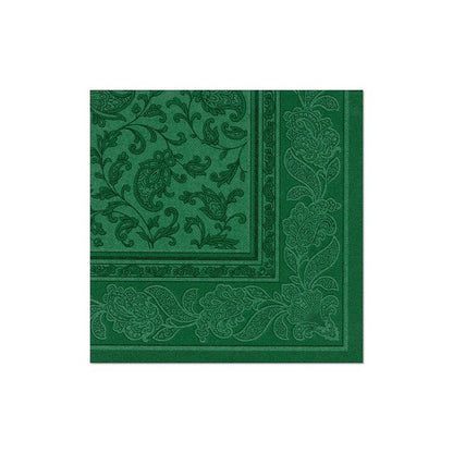 The PAPSTAR 20 napkins "ROYAL Collection" 1/4-fold 40x40 cm from PAPSTAR GmbH with green paisley and floral border on a white background enhance any set table.