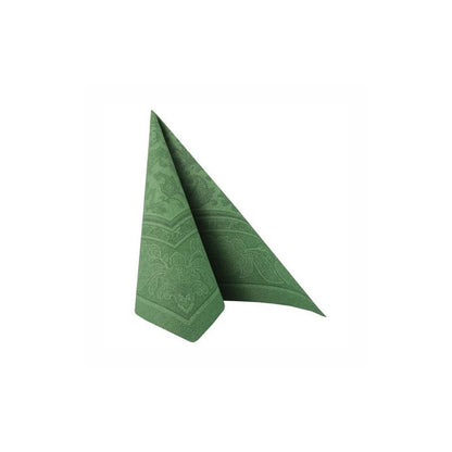 A neatly folded green napkin from the "ROYAL Collection" of the PAPSTAR GmbH stands upright against a plain white background and enhances your table decoration. The pattern shows intricate floral and geometric elements.