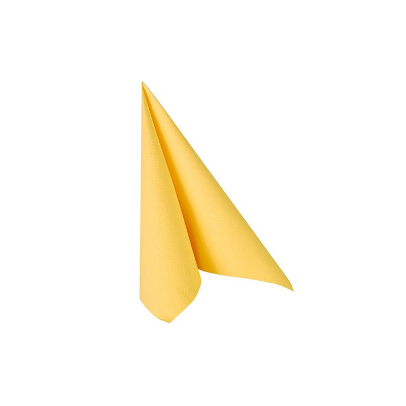 A single yellow napkin from the PAPSTAR "ROYAL Collection" (40 cm x 40 cm, 1/4 fold) is folded into a triangle and adorns a plain white background, adding an elegant touch to any table decoration.